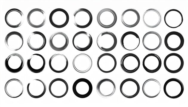 Many grunge circle shapes pattern black brush strokes on white background zen circle collection.