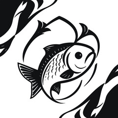 Artistic fish emblem set drawn in solid black vector style, minimal detail, strong silhouette focus, no gradients or shadows