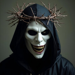 Creepy hooded figure wearing a thorn crown mask