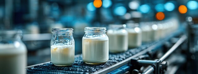 Glass jars with white liquid move along a conveyor belt in an illuminated industrial food production facility