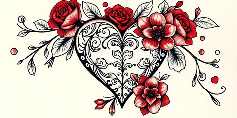 Floral heart tattoo ornament, scratchboard style, bold linework, Valentine's art,  scratchboard, tattoo heart