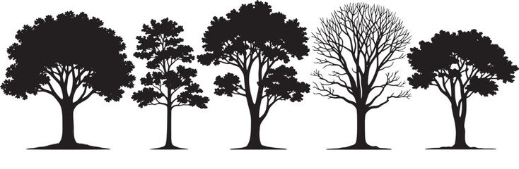 Obraz premium Set of black tree silhouettes for architectural elevation, minimalist forest and park vegetation icons for landscape design and site sections.