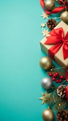 Happy Christmas Gift Box  Festive Ornaments on Turquoise Background.