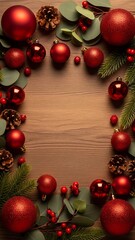Festive Christmas Wreath Frame with Red Ornaments Pine Cones Eucalyptus and Fir Branches.
