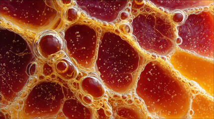 Abstract macro background of orange liquid texture with bright bubbles and foamy organic pattern showing freshness and sweet energy sensation