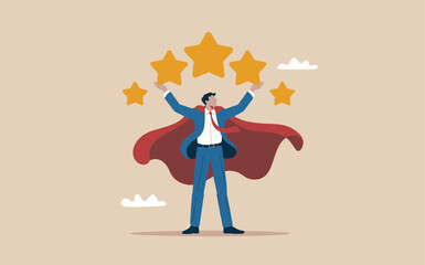 Businessman in a superhero cape holding stars