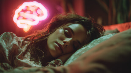 Serene woman sleeping comfortably in cozy bed under pink neon brain light dreaming deep peacefully at quiet night inside dark bedroom