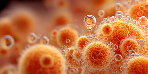 Abstract close up view showing juicy pale orange fat cell texture with small bubbly spheres suggesting health concept and microscopic biology