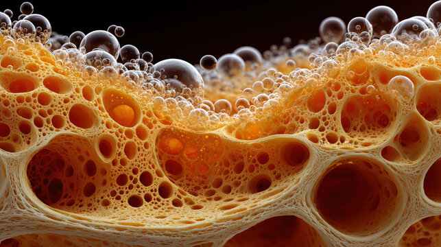 Macro abstract background showing soap bubbles foam texture on porous orange sponge surface structure expressing clean fresh feeling