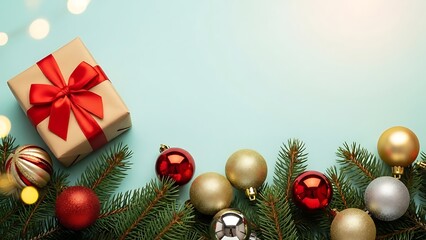 Christmas Gift Box  Ornaments with Fir Branches on Light Blue Background.