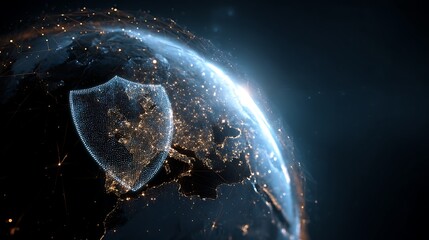 Glowing digital shield over a partially illuminated globe, symbolizing cybersecurity