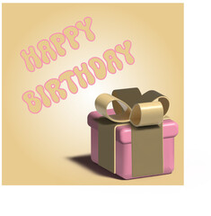Pink gift box with a golden bow on a gold glitter background with the inscription "happy birthday" postcard