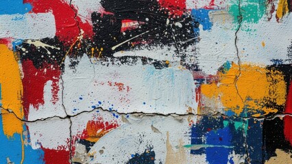 Abstract colorful paint splatters and drips on a cracked, textured wall surface, vibrant street art background texture
