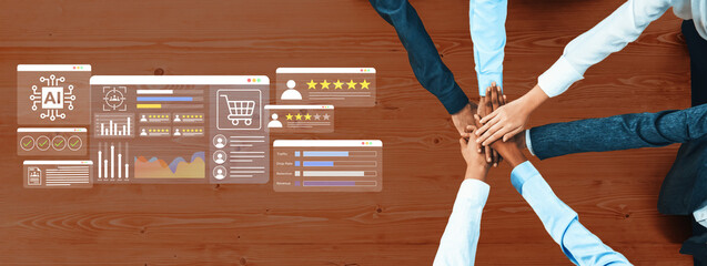 A diverse team collaborates in a modern office setting, showing hands joined together over stunning digital data visualizations, representing metrics and performance analysis. Gantry