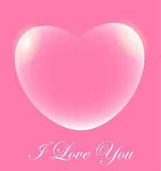 Transparent heart with "I Love You" text on soft pink background with copy space