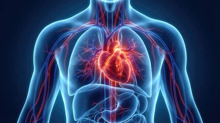 Anatomical illustration shows a human torso with visible veins and arteries and a red heart in the center of the chest area