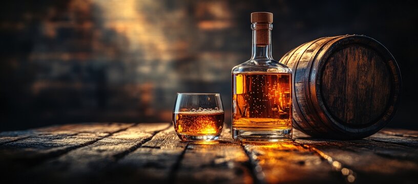 Amber liquid bottle, glass, and aged oak barrel on a rustic wooden table with atmospheric lighting