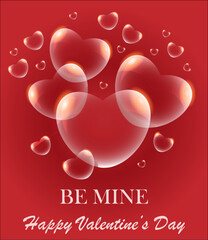 Lots of transparent hearts scattered on a dark red textured background with the words "Happy Valentine's Day" in the copy space