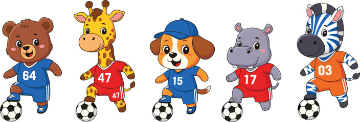 Obraz premium Cute Cartoon Animal Soccer Team Playing Football Illustration with Bear Giraffe Dog Hippo Zebra Characters
