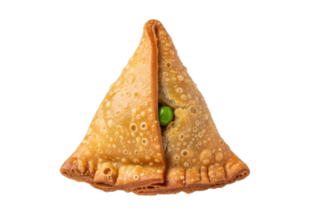 golden samosa triangle with pea filling, crispy fried pastry on white background