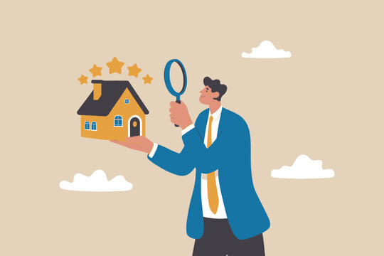 Man examining a small house with a magnifying glass and stars