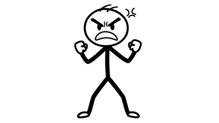Furious stick figure standing with clenched fists and wide stance, expressing intense anger and frustration on an isolated white background.