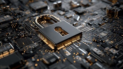 Close-up of a digital padlock on a circuit board, symbolizing cybersecurity and data protection