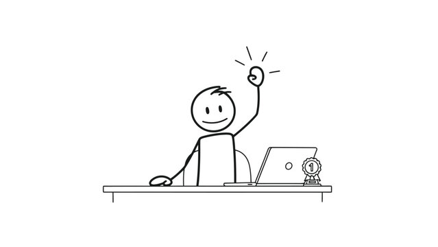 Happy stick figure businessman sitting at a desk, raising hand with a successful idea while working on a laptop on an isolated white background.