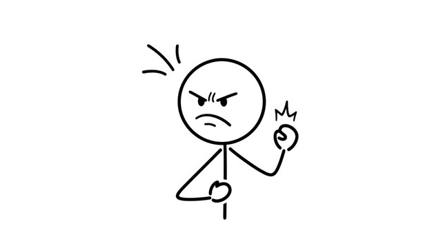 Determined stick figure man with an angry expression and clenched fist, showing frustration or defiance, on an an isolated white background.