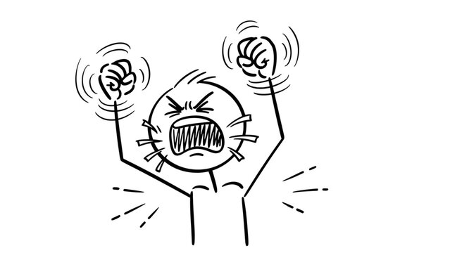 Overwhelmed stick figure man screaming in extreme frustration and pulling hair, depicting deep despair or stress, on an isolated white background.