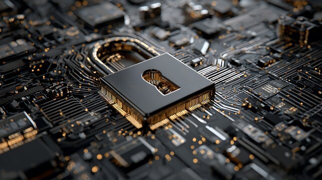 Close-up of a digital padlock on a circuit board, symbolizing cybersecurity and data protection - Powered by Adobe