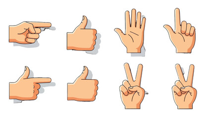 Set of Cartoon Hand Gestures Including Pointing, Thumbs Up, Counting, Victory, and Peace Signs on Isolated White Background