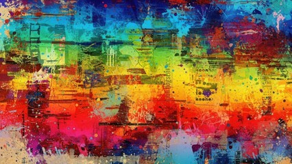 Vibrant abstract expressionist painting texture background with bold brushstrokes and splatters of blue, red, yellow, and green hues