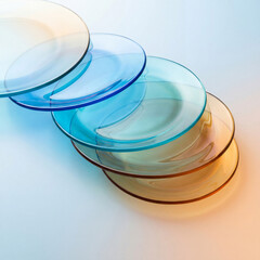 Stacked translucent glass sheets with soft blue and amber color gradient