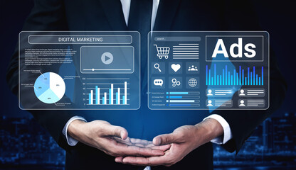 Futuristic visualization of digital marketing strategies displaying key data analytics, business metrics, and advertising insights for effective enterprise solutions. Gantry