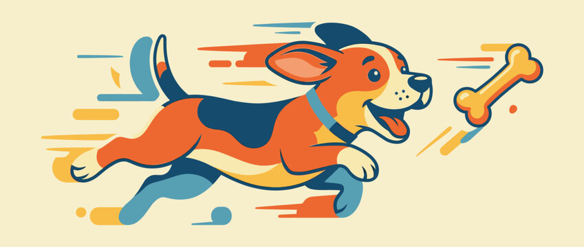 Happy cartoon puppy dog running joyfully to catch a flying bone in a dynamic and playful vector illustration with a retro color palette and energetic motion lines