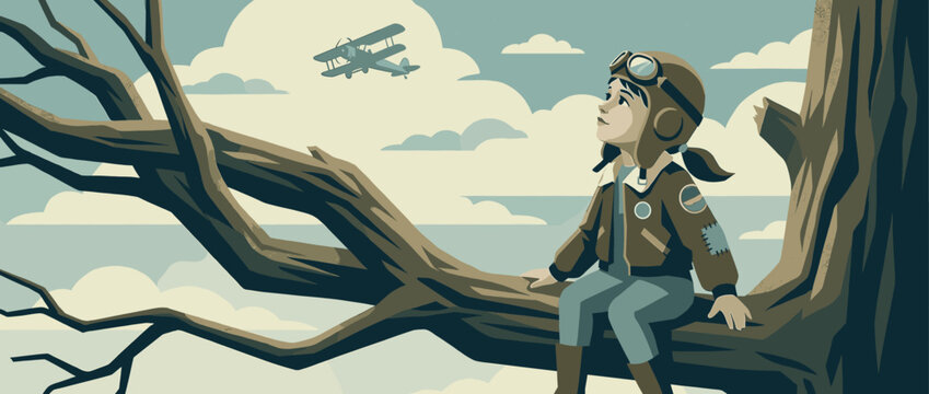 Young girl in an aviator helmet and jacket sits on a tree branch, looking up with wonder at a vintage biplane flying through a cloudy sky in a retro illustration style