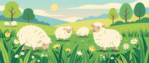 Group of cute fluffy cartoon sheep graze peacefully in a vibrant green meadow with flowers, trees, and rolling hills under a sunny sky in a flat vector illustration style