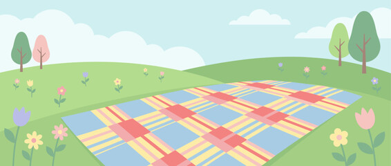 Colorful plaid picnic blanket lying on a lush green meadow with blooming flowers and trees, a serene outdoor landscape scene in a flat design cartoon style