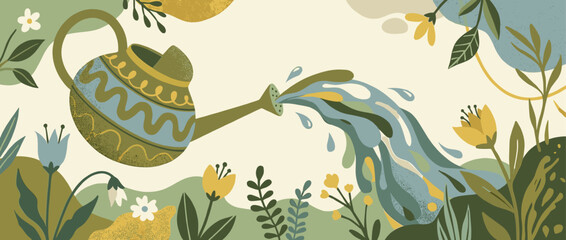 Decorative green watering can with a wavy blue pattern pours a colorful stream of water onto blooming wildflowers in a charming, textured nature illustration