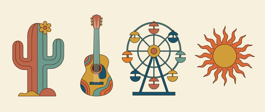 Set of four retro hippie illustrations featuring a blooming cactus, acoustic guitar, Ferris wheel, and a groovy sun, all designed in a vintage 70s style with a warm color palette