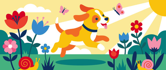 Obraz premium Happy cartoon dog with a blue collar runs joyfully through a vibrant summer meadow filled with colorful flowers, butterflies, and snails under a bright shining sun