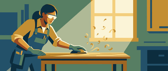 Female woodworker in a blue apron and safety glasses diligently smooths a wooden surface with a sanding block in a sunlit carpentry workshop, a flat vector illustration