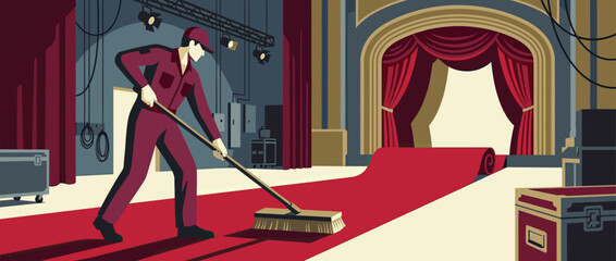 Backstage worker in a maroon jumpsuit meticulously sweeps a long red carpet with a broom, preparing the stage for a grand premiere or awards ceremony