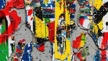 Vibrant abstract background texture of ripped, layered, and peeling street posters and graffiti paint on a cracked concrete wall, colorful urban art