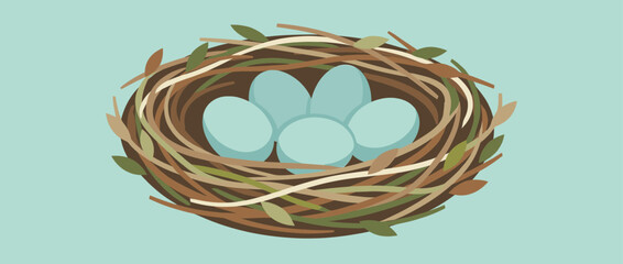 Bird's nest with five light blue eggs woven from twigs and leaves, a charming flat design illustration representing new life, family, and the arrival of spring