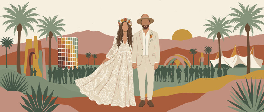 Stylish bohemian bride and groom holding hands at their desert music festival wedding, illustrated in a trendy flat style with warm, earthy tones and palm trees