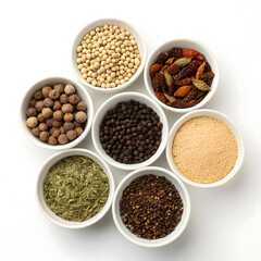Assorted spices in small white bowls arranged in a circular pattern on transparent background
