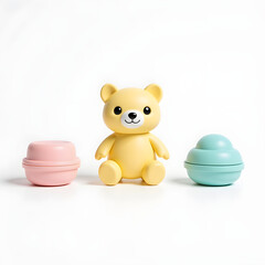 Charming yellow teddy bear with pastel lip balm containers a delightful and colorful composition on transparent background