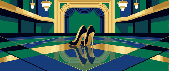 Pair of black and gold high-heeled shoes rest on the reflective floor of a glamorous and empty Art Deco theater with a grand stage and ornate architectural details